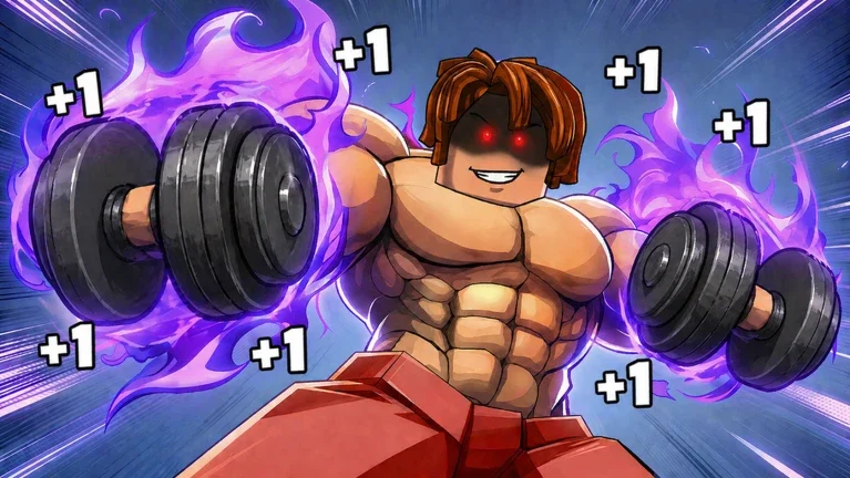 AI-generated Roblox lifting-simulator thumbnail with +1 floaters and purple flames