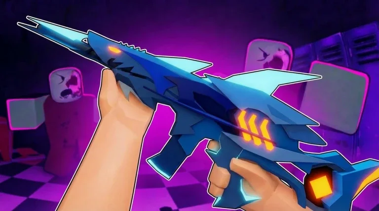 AI-generated Roblox sci-fi blaster thumbnail in a neon-purple horror corridor