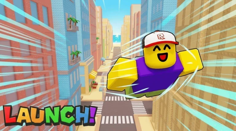 AI-generated Roblox launch-simulator thumbnail of a character rocketing down a city street