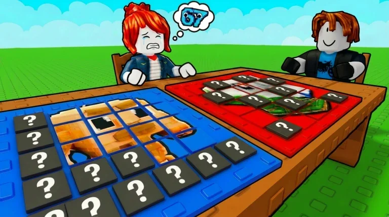 AI-generated Roblox memory-game thumbnail with mystery tiles on a tabletop board
